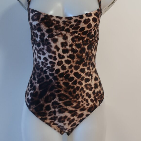 NWT Womens Good American  Fierce Leopard Print Sweetheart Satin Thong Bodysuit S - Picture 6 of 9